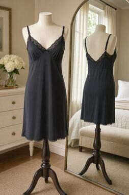 Vintage Adonna Black Full Slip Size 36 Nylon Lace Trim Adjustable Straps